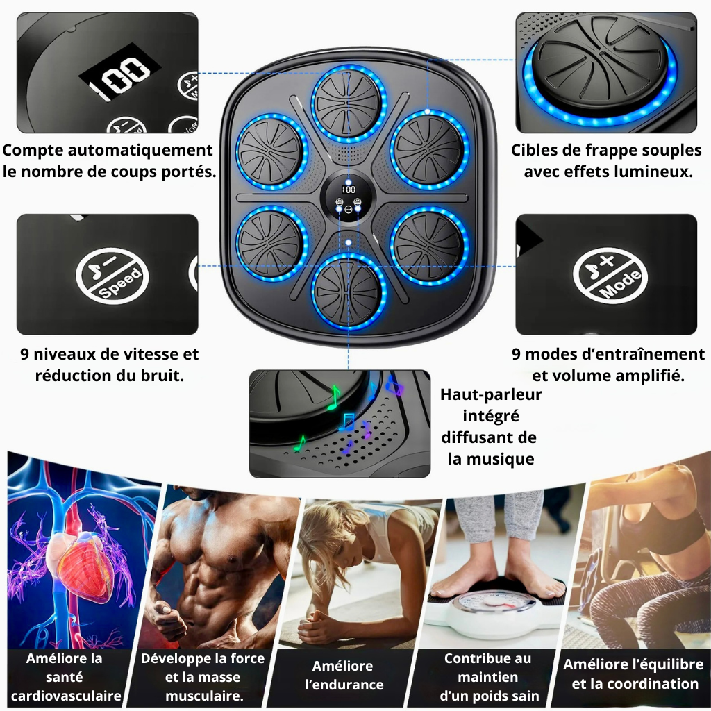 Machine de Boxe Musicale Murale avec Lumières LED RGB & Bluetooth – Gants Offerts