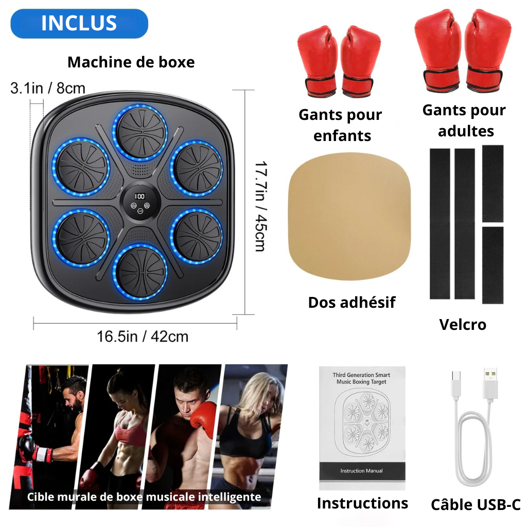 Machine de Boxe Musicale Murale avec Lumières LED RGB & Bluetooth – Gants Offerts