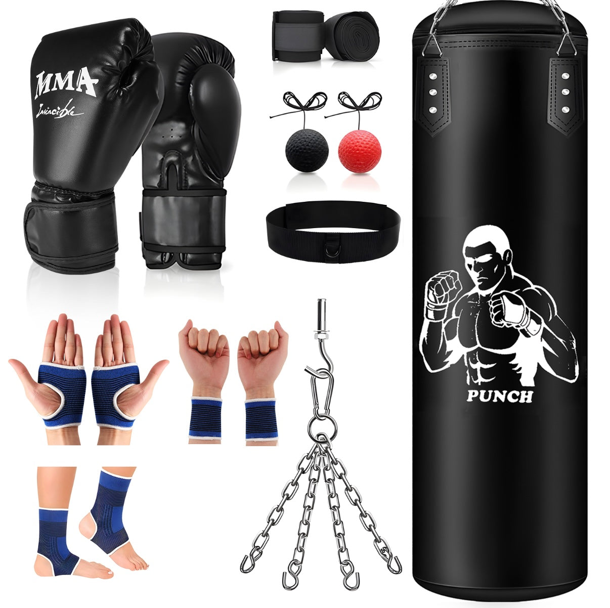 Sac de Boxe Professionnel 120 cm Livré vide – Kit Complet avec Gants, Réflex Ball, Protections et Accessoires