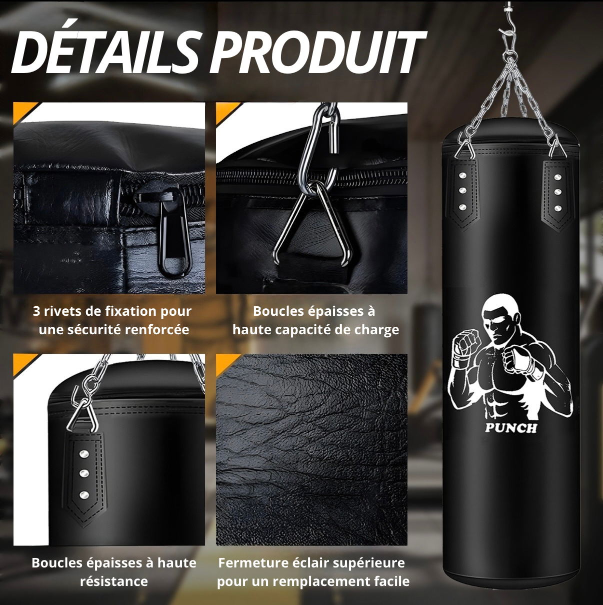 Sac de Boxe Professionnel 120 cm Livré vide – Kit Complet avec Gants, Réflex Ball, Protections et Accessoires
