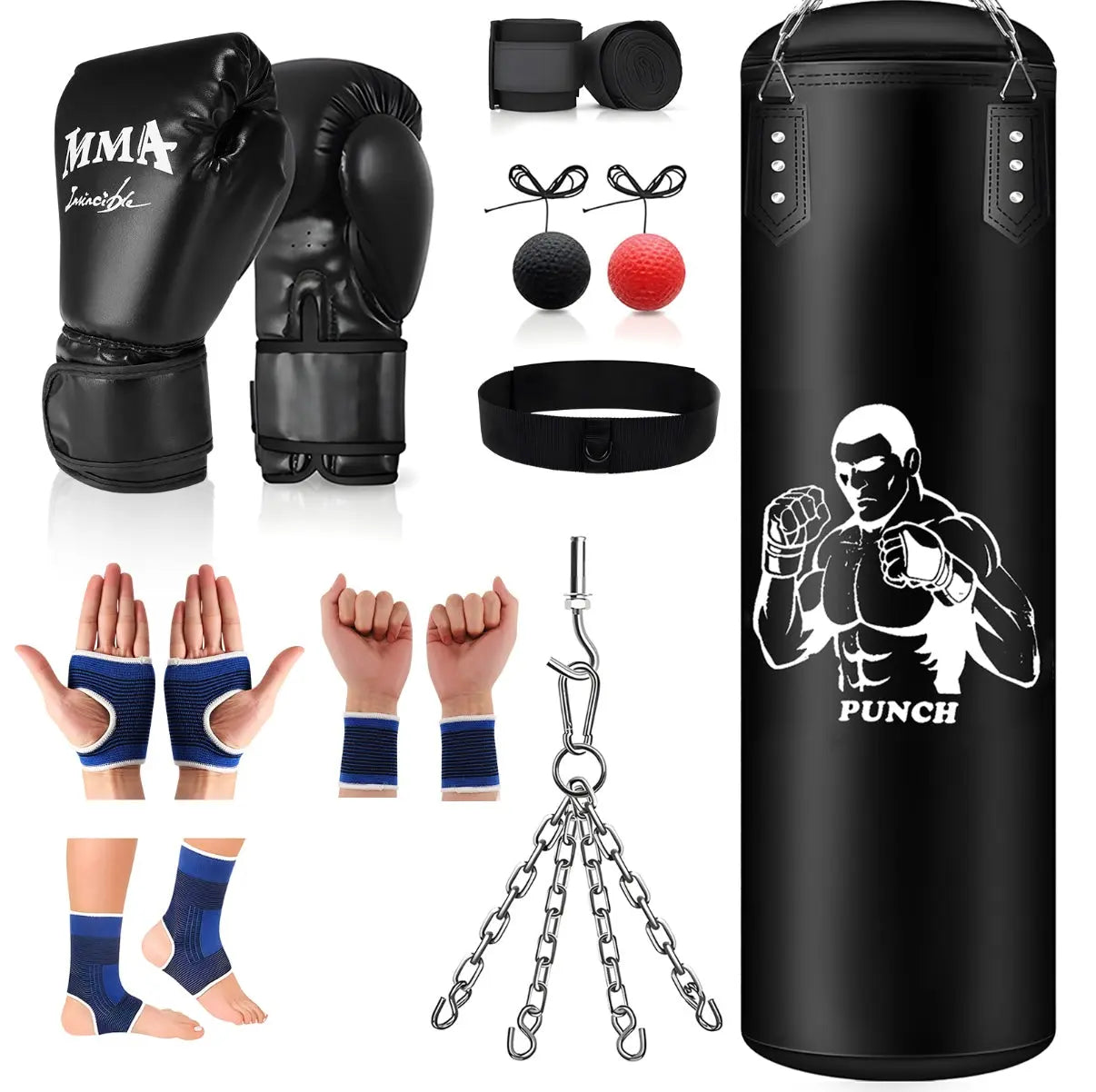 Sac de Boxe Professionnel 120 cm Livré vide – Kit Complet avec Gants, Réflex Ball, Protections et Accessoires RINGZ-SHOP