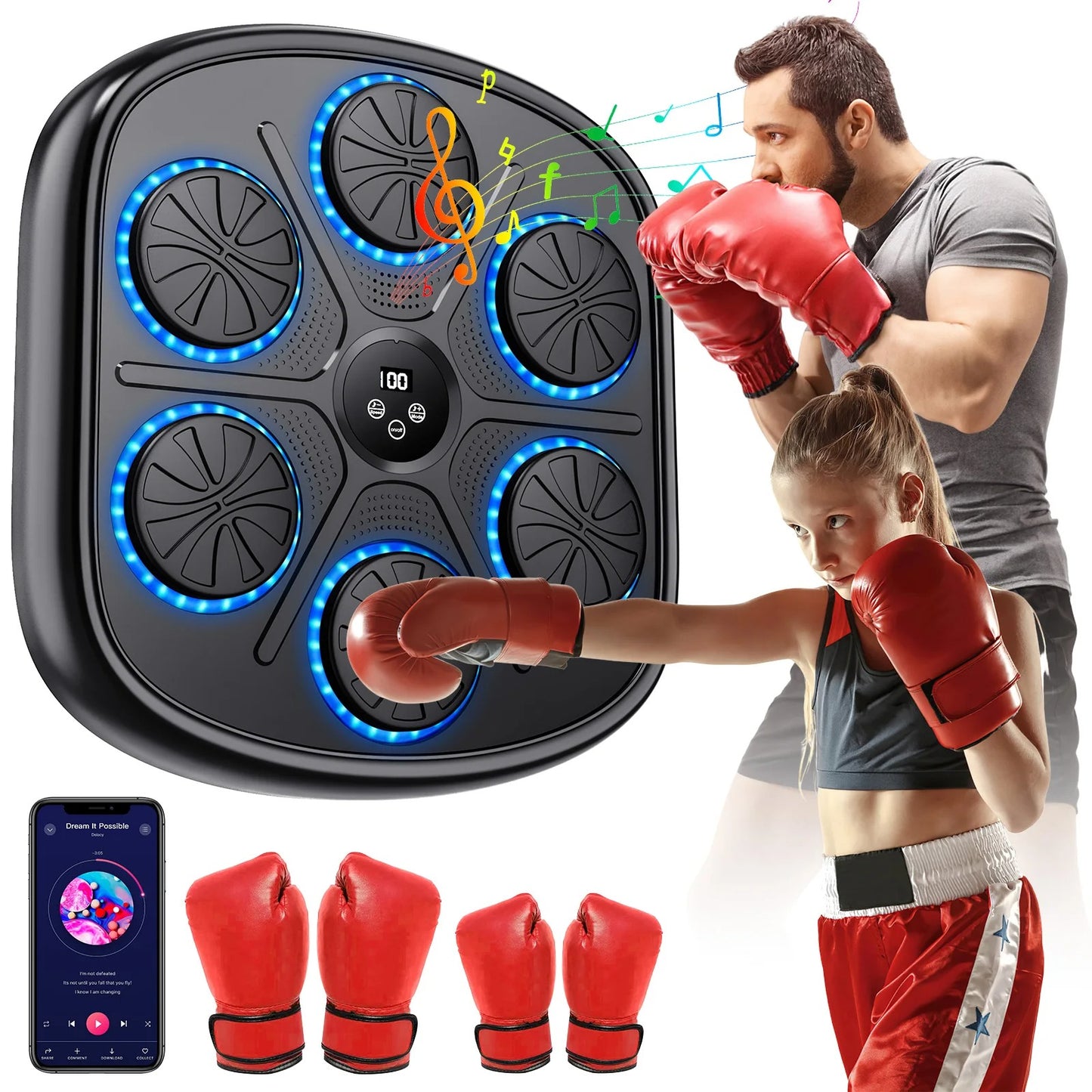 Machine de Boxe Musicale Murale avec Lumières LED RGB & Bluetooth – Gants Offerts