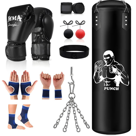 Sac de Boxe Professionnel 120 cm Livré vide – Kit Complet avec Gants, Réflex Ball, Protections et Accessoires