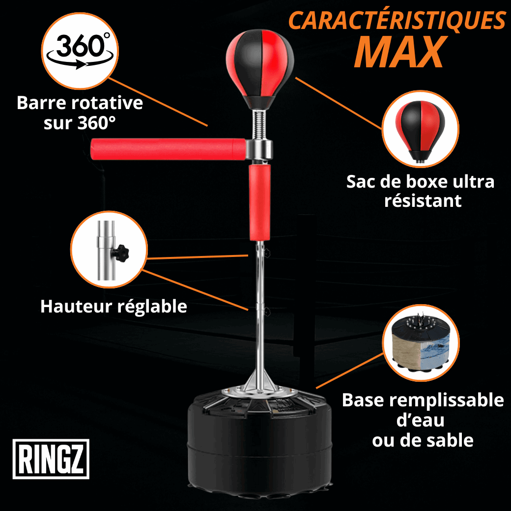Sac de frappe sur pied réflexe - bras rotatif & balle rebond